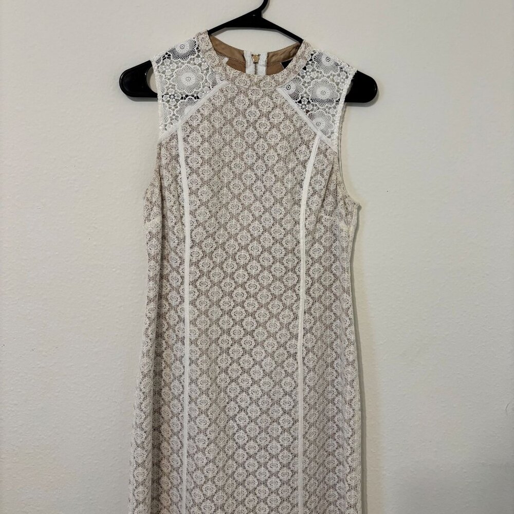 LADAKH Crochet Lace Sheath Sleeveless Tan Lining Stretch Cocktail Mini Dress